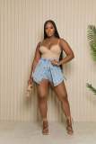 Women's elastic denim button fake two-piece elastic waist denim short skirt pants