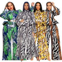 Women's lantern long sleeved wide leg pants printed casual two-piece set