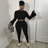 Pit Striped Flare Sleeve Pencil Pants Two Piece Set