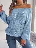 Solid color hollow out one line neck off shoulder lantern sleeve sweater
