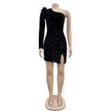 Women's sexy one shoulder sequin split buttocks dress