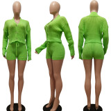 Knitted hand hook lapel cardigan shorts long sleeved drawstring casual set