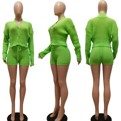 Knitted hand hook lapel cardigan shorts long sleeved drawstring casual set