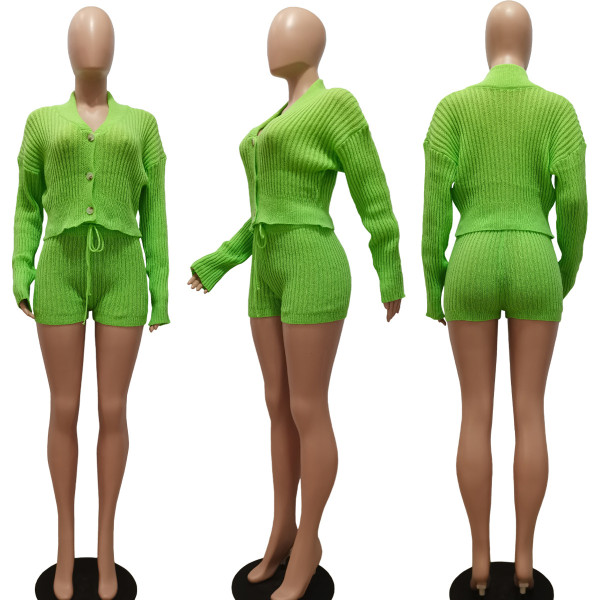Knitted hand hook lapel cardigan shorts long sleeved drawstring casual set