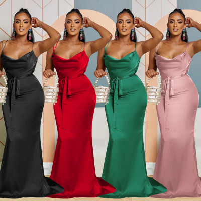 Women's Solid Color Sexy Strap Open Back Long Dress Dress