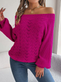 Solid color hollow out one line neck off shoulder lantern sleeve sweater