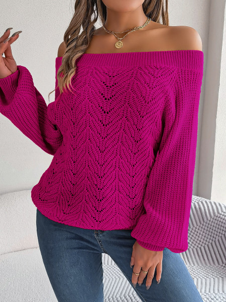 Solid color hollow out one line neck off shoulder lantern sleeve sweater