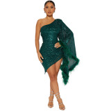 Diagonal collar irregular sequin wrap buttocks dress