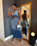 Hanging neck, open back, gradually changing denim skirt set
