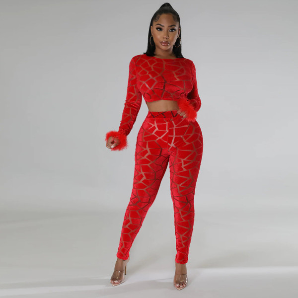 Long sleeved short top paired with slim fitting pencil pants fashion two-piece set