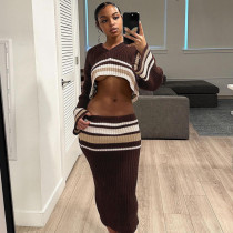 Women's knitted striped mid length skirt set
