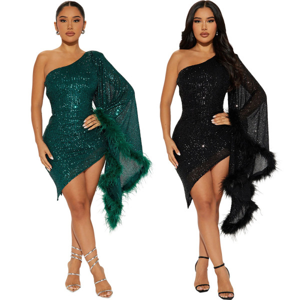 Diagonal collar irregular sequin wrap buttocks dress