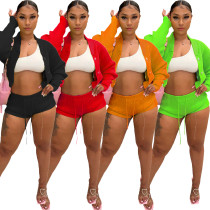 Knitted hand hook lapel cardigan shorts long sleeved drawstring casual set