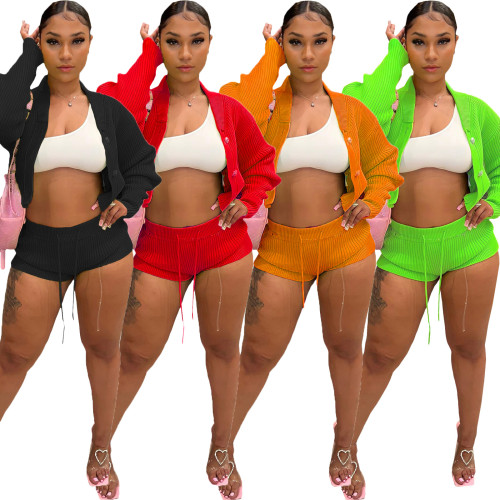 Knitted hand hook lapel cardigan shorts long sleeved drawstring casual set