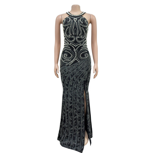 Women's solid color hot diamond split open back long dress dress