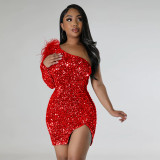 Women's sexy one shoulder sequin split buttocks dress