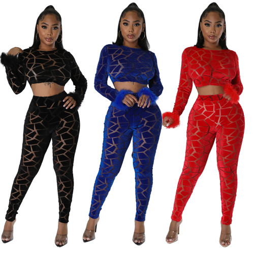 Long sleeved short top paired with slim fitting pencil pants fashion two-piece set