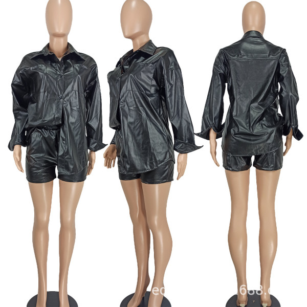 Fashion Casual Solid PU Leather Two Piece Set