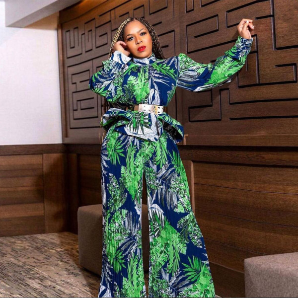 Women's lantern long sleeved wide leg pants printed casual two-piece set
