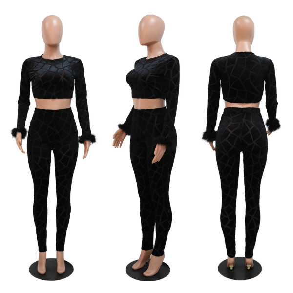 Long sleeved short top paired with slim fitting pencil pants fashion two-piece set