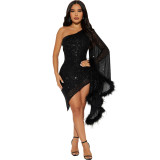 Diagonal collar irregular sequin wrap buttocks dress