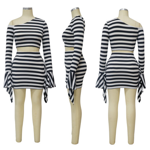 Diagonal collar off shoulder flared sleeve short skirt two-piece set