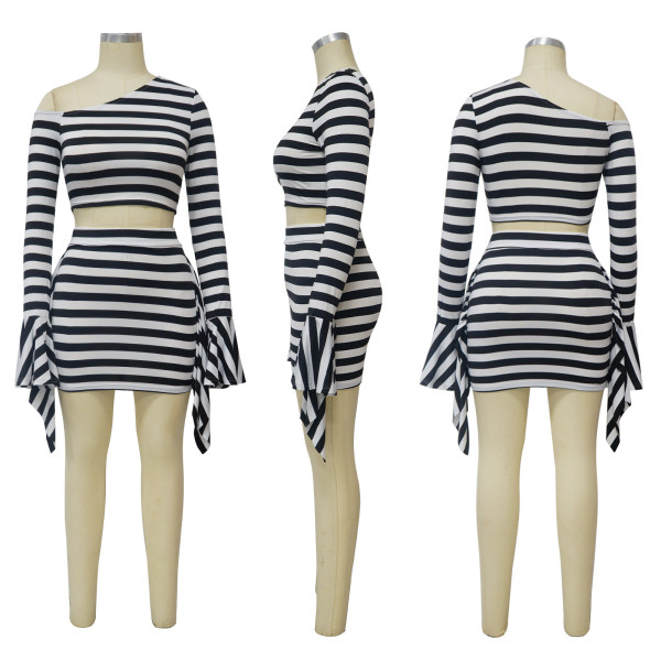 Diagonal collar off shoulder flared sleeve short skirt two-piece set