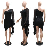 Diagonal collar irregular sequin wrap buttocks dress
