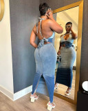 Hanging neck, open back, gradually changing denim skirt set