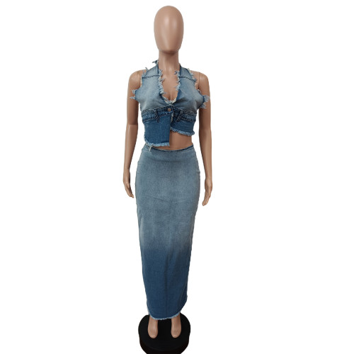 Hanging neck, open back, gradually changing denim skirt set