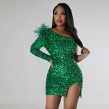 Women's sexy one shoulder sequin split buttocks dress