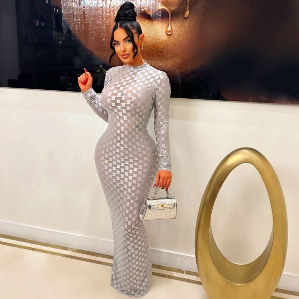 Fashionable and Sexy Perspective Round Neck Long Sleeve Dress