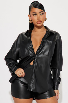 Fashion Casual Solid PU Leather Two Piece Set