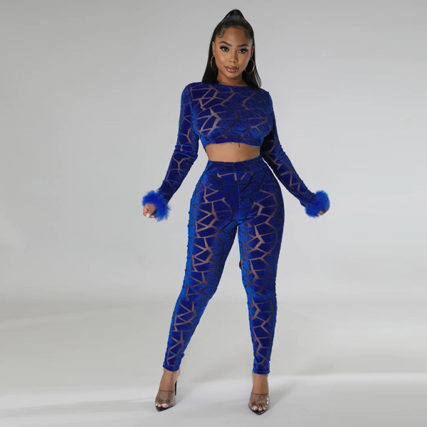 Long sleeved short top paired with slim fitting pencil pants fashion two-piece set