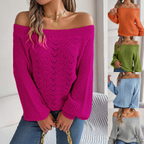 Solid color hollow out one line neck off shoulder lantern sleeve sweater