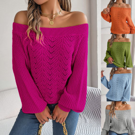 Solid color hollow out one line neck off shoulder lantern sleeve sweater