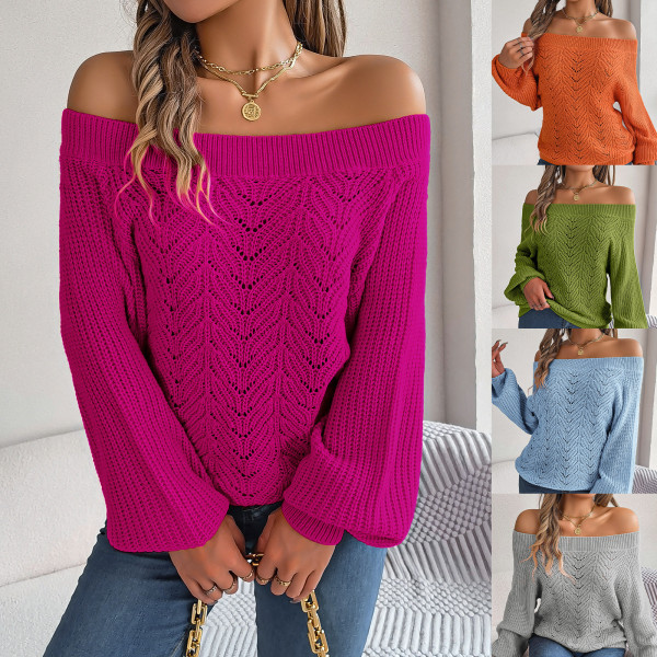 Solid color hollow out one line neck off shoulder lantern sleeve sweater