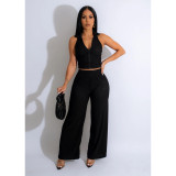 Women's solid V-neck sleeveless wide leg pants two-piece set