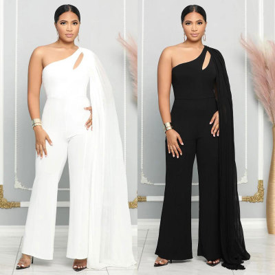 Asymmetric One Shoulder Hollow Out Flying Sleeve Wrap Hip Elastic Jumpsuit