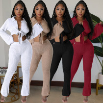 Women's sexy solid color mesh wool knitted lace up two-piece set