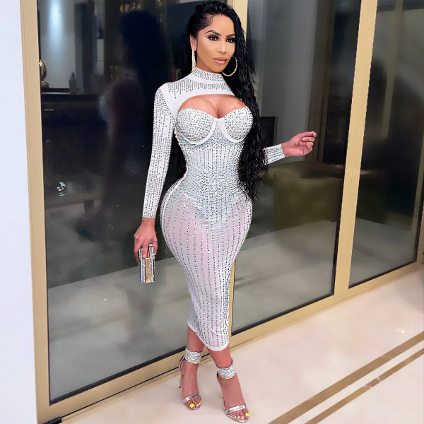 Mesh Perspective Hot Diamond Embedding Diamond Sling Dress