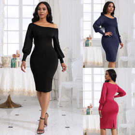 Solid Off Shoulder Long Sleeve Sexy Women's Fashion Style Slim High Waist Hip Lift Dress