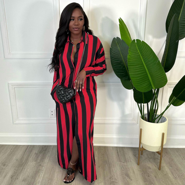 Striped printed button casual long coat