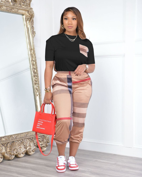 Striped plaid printed casual two-piece set