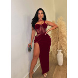 Women's solid color mesh drawstring split long dress