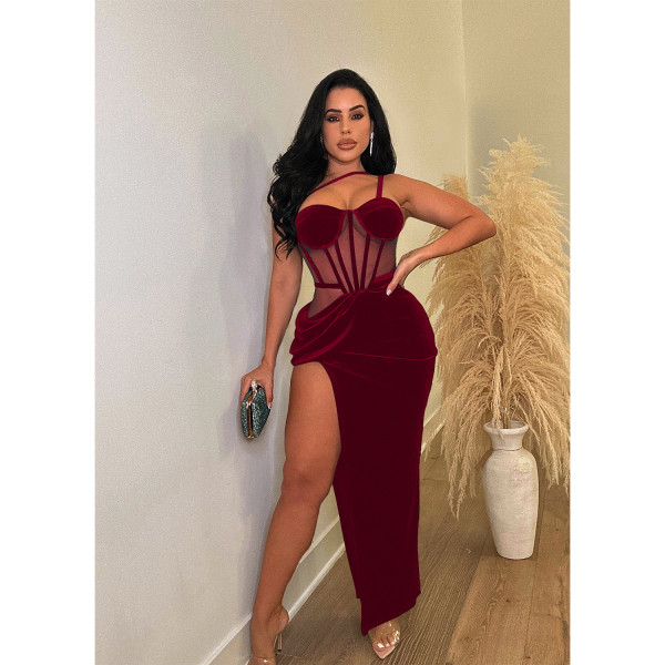 Women's solid color mesh drawstring split long dress