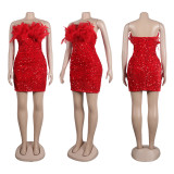 Sexy Slim Fit Wrap Hip Tight Elastic Feather Bead Bra Dress