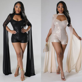 Sexy sequin hollowed out buttocks tight fly sleeved perspective stretch jumpsuit