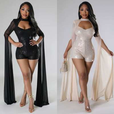 Sexy sequin hollowed out buttocks tight fly sleeved perspective stretch jumpsuit