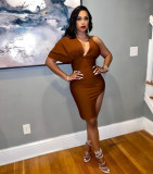 Open Back V-Neck Single Sleeve Split Women's Dress
